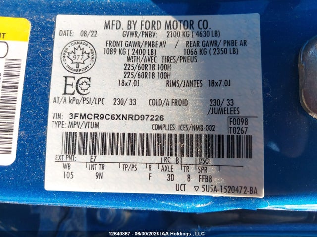 Продажа на аукционе авто 2022 Ford Bronco Sport Outer Banks, vin: 3FMCR9C6XNRD97226, номер лота: 12640867