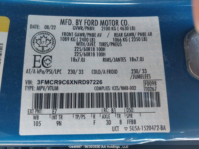 Продажа на аукционе авто 2022 Ford Bronco Sport Outer Banks, vin: 3FMCR9C6XNRD97226, номер лота: 12640867