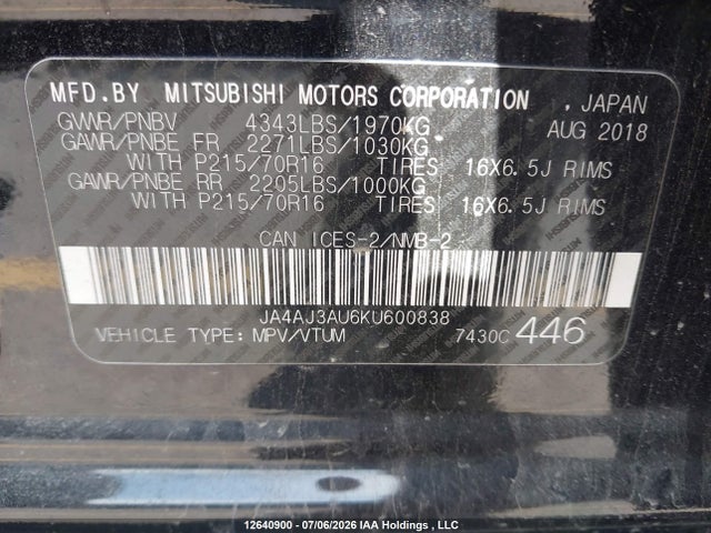 12640900 :رقم المزاد ، JA4AJ3AU6KU600838 vin ، 2019 Mitsubishi Rvr Se/se Black Edition/se Limited Edition مزاد بيع