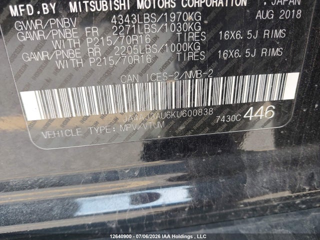 12640900 :رقم المزاد ، JA4AJ3AU6KU600838 vin ، 2019 Mitsubishi Rvr Se/se Black Edition/se Limited Edition مزاد بيع