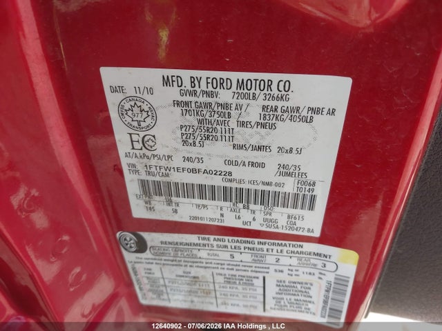 12640902 :رقم المزاد ، 1FTFW1EF0BFA02228 vin ، 2011 Ford F-150 مزاد بيع