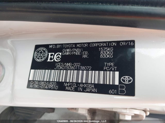 Aukcja sprzedaży 2016 Toyota Prius C Technology, vin: JTDKDTB38G1138072, numer aukcji: 12640905