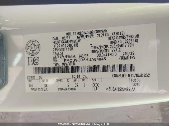 Ford ESCAPE SE 2017 1FMCU9GD5HUA84945 Image 9