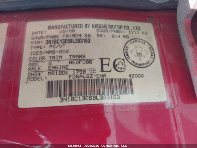 12640913 :رقم المزاد ، 3N1BC13E69L393163 vin ، 2009 Nissan Versa 1.8sl مزاد بيع