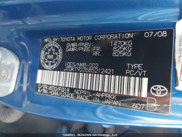 12640923 :رقم المزاد ، JTDKT923585212421 vin ، 2008 Toyota Yaris مزاد بيع