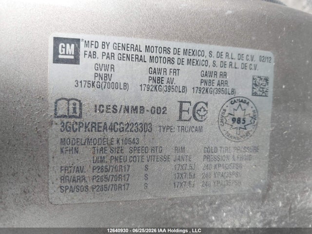 2012 Chevrolet Silverado K1500 Ls მანქანა იყიდება აუქციონზე, vin: 3GCPKREA4CG223303, აუქციონის ნომერი: 12640930