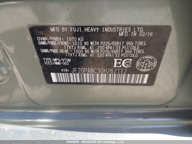 2016 Subaru Crosstrek Limited მანქანა იყიდება აუქციონზე, vin: JF2GPANC3GH262112, აუქციონის ნომერი: 12640939