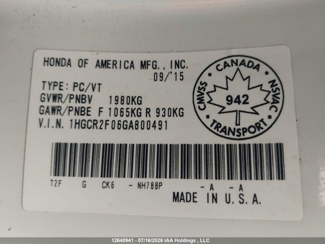 Honda ACCORD EX 2016 1HGCR2F06GA800491 Image 9
