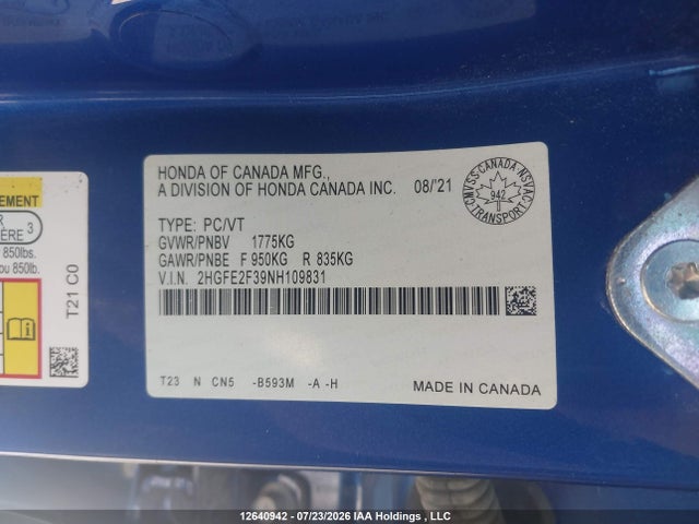 Honda CIVIC EX 2022 2HGFE2F39NH109831 Image 19