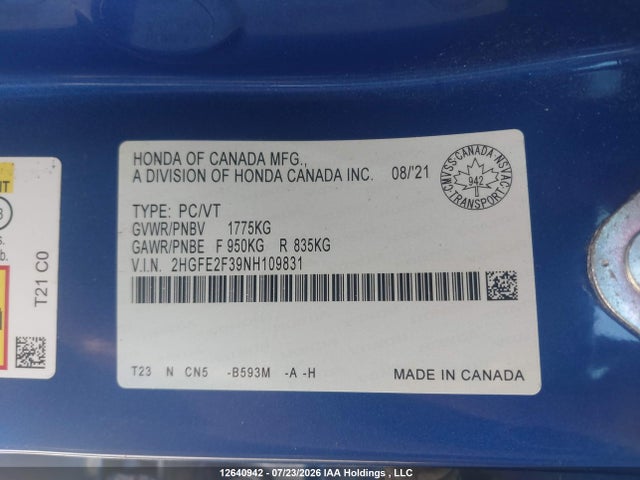 Honda CIVIC EX 2022 2HGFE2F39NH109831 Image 9