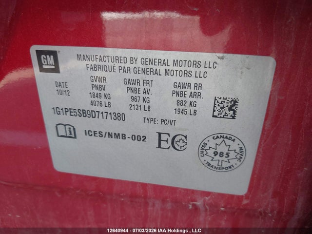12640944 :رقم المزاد ، 1G1PE5SB9D7171380 vin ، 2013 Chevrolet Cruze Lt مزاد بيع