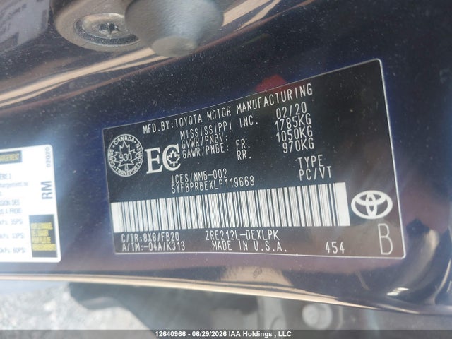 2020 Toyota Corolla Le მანქანა იყიდება აუქციონზე, vin: 5YFBPRBEXLP119668, აუქციონის ნომერი: 12640966