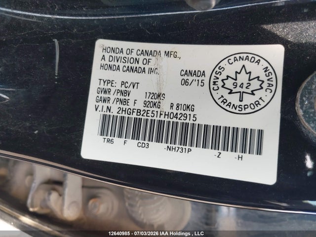 Продаж на аукціоні авто 2015 Honda Civic Lx, vin: 2HGFB2E51FH042915, номер лоту: 12640985