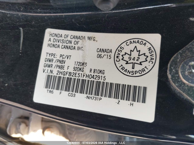 Продаж на аукціоні авто 2015 Honda Civic Lx, vin: 2HGFB2E51FH042915, номер лоту: 12640985