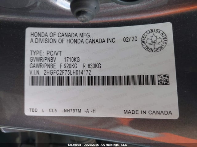 Продаж на аукціоні авто 2020 Honda Civic Ex, vin: 2HGFC2F75LH014172, номер лоту: 12640998