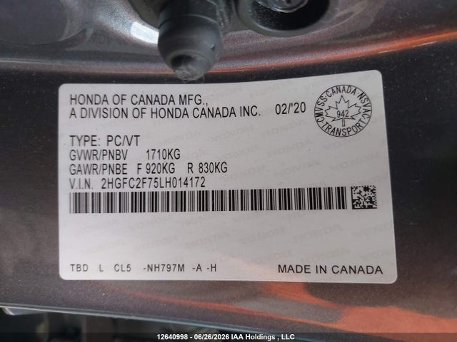 Продаж на аукціоні авто 2020 Honda Civic Ex, vin: 2HGFC2F75LH014172, номер лоту: 12640998