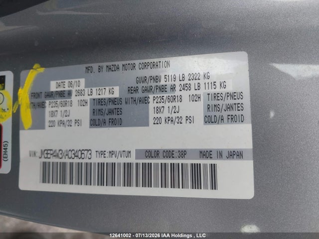 Aukcja sprzedaży 2010 Mazda Cx-7 Gs/gt, vin: JM3ER4W3XA0340673, numer aukcji: 12641002