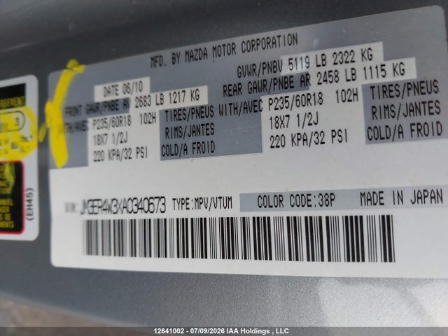 Aukcja sprzedaży 2010 Mazda Cx-7 Gs/gt, vin: JM3ER4W3XA0340673, numer aukcji: 12641002