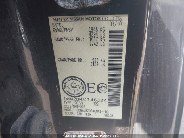 12641010 :رقم المزاد ، 1N4AL2EP4AC146324 vin ، 2010 Nissan Altima مزاد بيع