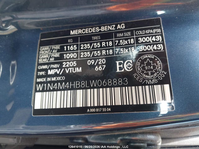 12641015 :رقم المزاد ، W1N4M4HB8LW068883 vin ، 2020 Mercedes-benz Glb 250 4matic مزاد بيع
