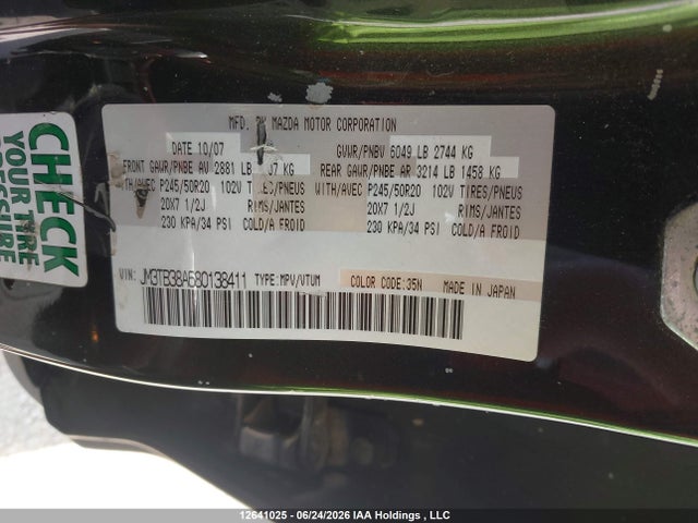 12641025 :رقم المزاد ، JM3TB38A680138411 vin ، 2008 Mazda Cx-9 مزاد بيع