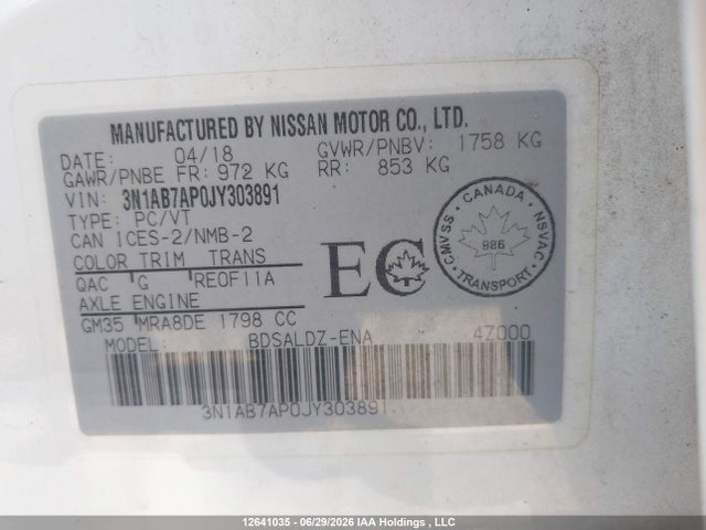 Aukcja sprzedaży 2018 Nissan Sentra S/sv/sr/sl, vin: 3N1AB7AP0JY303891, numer aukcji: 12641035
