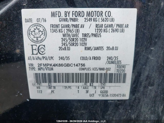 2016 Ford Edge Titanium მანქანა იყიდება აუქციონზე, vin: 2FMPK4K86GBC14756, აუქციონის ნომერი: 12641039