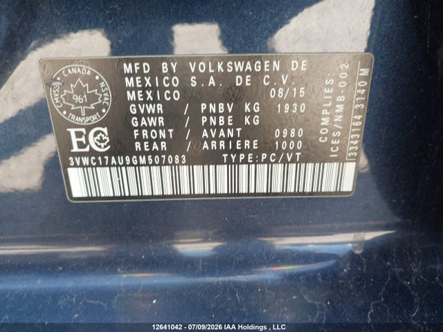 Aukcja sprzedaży 2016 Volkswagen Golf Sportwagon 1.8 Tsi Comfortline/1.8 Tsi Highline/1.8 Tsi Trendline, vin: 3VWC17AU9GM507083, numer aukcji: 12641042