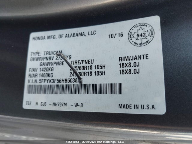 Продаж на аукціоні авто 2017 Honda Ridgeline Ex-l, vin: 5FPYK3F56HB503828, номер лоту: 12641043