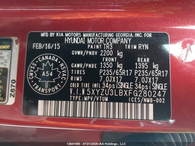 Продаж на аукціоні авто 2015 Hyundai Santa Fe, vin: 5XYZU3LBXFG280247, номер лоту: 12641050