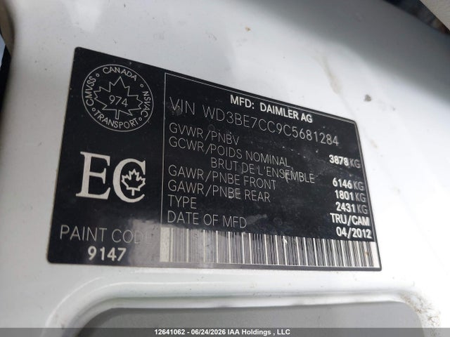Aukcja sprzedaży 2012 Mercedes-benz Sprinter, vin: WD3BE7CC9C5681284, numer aukcji: 12641062