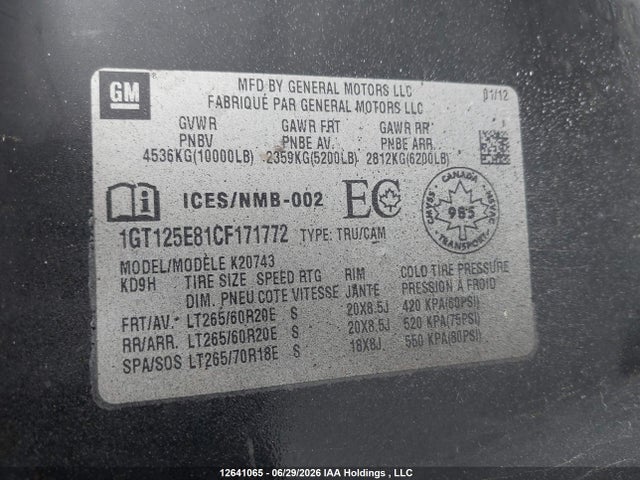 Продаж на аукціоні авто 2012 Gmc Sierra 2500hd Denali, vin: 1GT125E81CF171772, номер лоту: 12641065