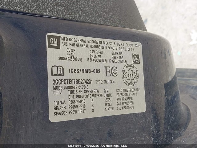 12641071 :رقم المزاد ، 3GCPCTE07BG274231 vin ، 2011 Chevrolet Silverado 1500 مزاد بيع