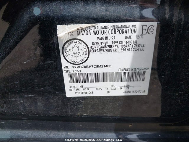 12641079 :رقم المزاد ، 1YVHZ8BH7C5M21466 vin ، 2012 Mazda Mazda6 Gs-i4 مزاد بيع
