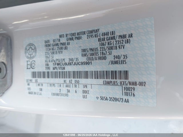 12641098 :رقم المزاد ، 1FMCU9J97JUC95901 vin ، 2018 Ford Escape Titanium مزاد بيع