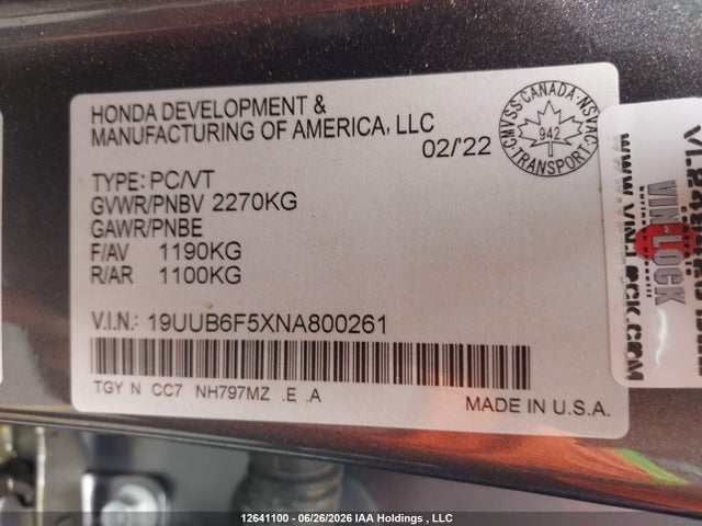 Auction sale of the 2022 Acura Tlx Tech A, vin: 19UUB6F5XNA800261, lot number: 12641100