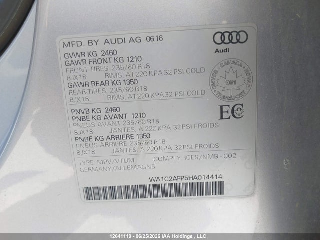 Продаж на аукціоні авто 2017 Audi Q5 2.0t Komfort, vin: WA1C2AFP5HA014414, номер лоту: 12641119