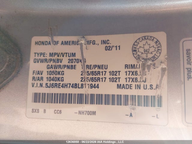 2011 Honda Cr-v Ex-l მანქანა იყიდება აუქციონზე, vin: 5J6RE4H74BL811944, აუქციონის ნომერი: 12636858