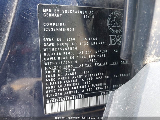 Продаж на аукціоні авто 2015 Volkswagen Tiguan Comfortline/highline/special Edition/trendline, vin: WVGJV7AX1FW555213, номер лоту: 12637251