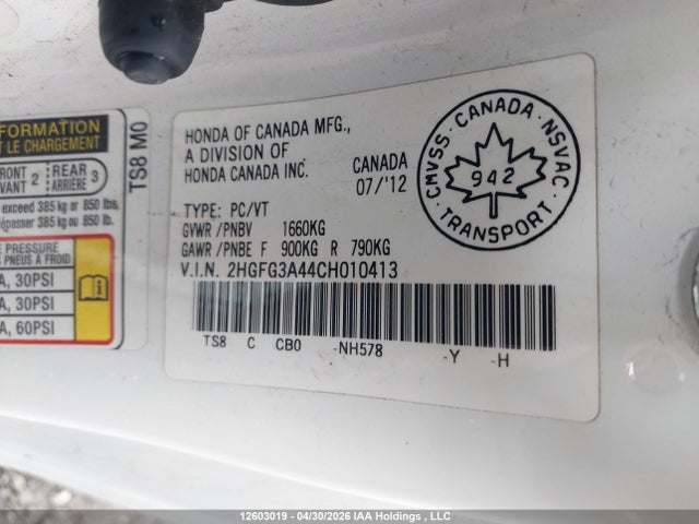 2012 Honda Civic Lx მანქანა იყიდება აუქციონზე, vin: 2HGFG3A44CH010413, აუქციონის ნომერი: 12603019