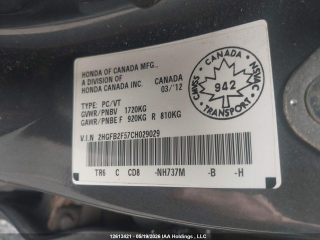 Продаж на аукціоні авто 2012 Honda Civic Ex, vin: 2HGFB2F57CH029029, номер лоту: 12613421