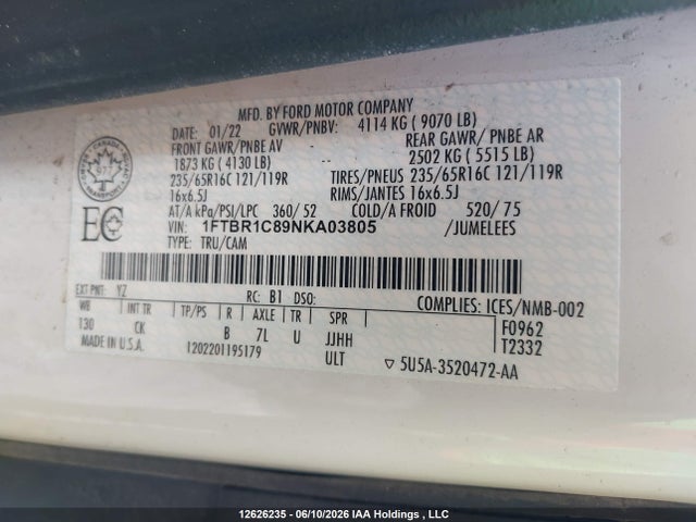 Aukcja sprzedaży 2022 Ford Transit-250 Cargo, vin: 1FTBR1C89NKA03805, numer aukcji: 12626235