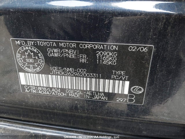12634409 :رقم المزاد ، JTHCK262962003311 vin ، 2006 Lexus Is 250 مزاد بيع