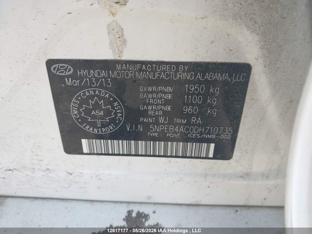 Aukcja sprzedaży 2013 Hyundai Sonata Gl, vin: 5NPEB4AC0DH710735, numer aukcji: 12617177