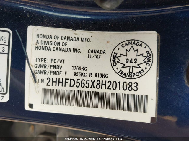 2008 Acura Csx მანქანა იყიდება აუქციონზე, vin: 2HHFD565X8H201083, აუქციონის ნომერი: 12641135