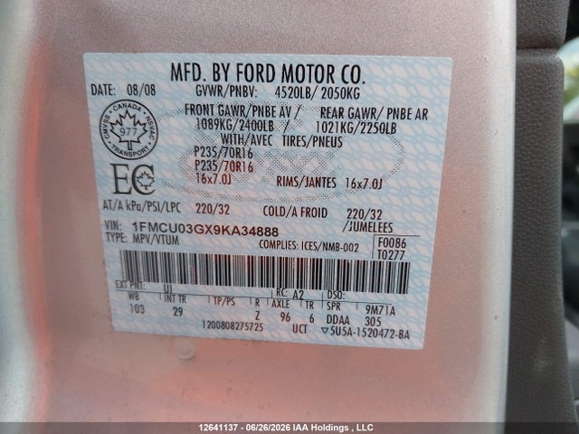 12641137 :رقم المزاد ، 1FMCU03GX9KA34888 vin ، 2009 Ford Escape Xlt مزاد بيع