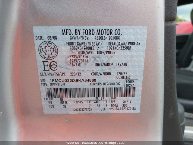 12641137 :رقم المزاد ، 1FMCU03GX9KA34888 vin ، 2009 Ford Escape Xlt مزاد بيع