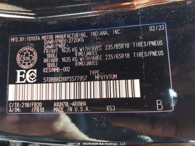 12641139 :رقم المزاد ، 5TDBBRCHXPS577957 vin ، 2023 Toyota Highlander Hybrid Le مزاد بيع