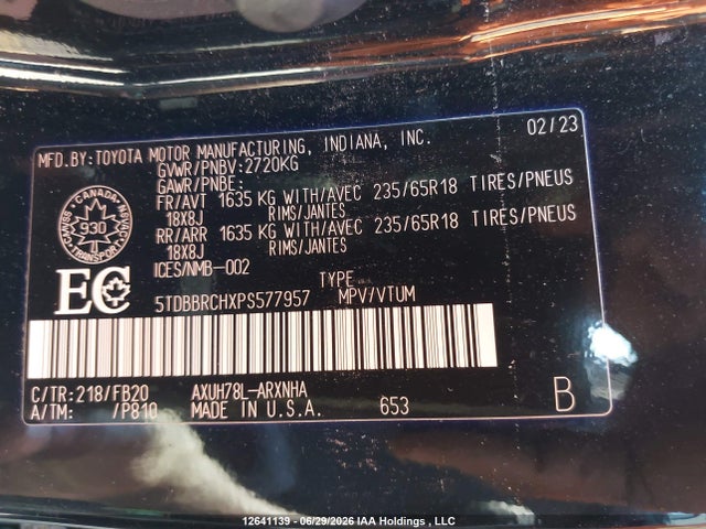 12641139 :رقم المزاد ، 5TDBBRCHXPS577957 vin ، 2023 Toyota Highlander Hybrid Le مزاد بيع