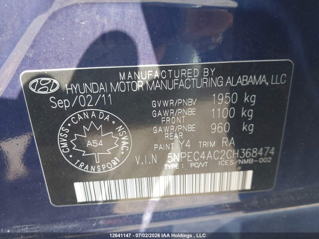 Продаж на аукціоні авто 2012 Hyundai Sonata Limited, vin: 5NPEC4AC2CH368474, номер лоту: 12641147